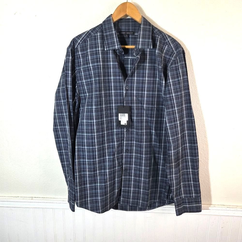 Robert Barakett Shirt Mens Large Plaid Button Up Long Sleeve Blue Gray NWT